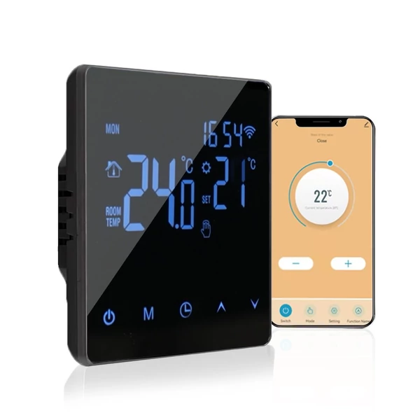 Wifi okostermosztát lcd kijelzős érintőképernyővel - Fekete, 3A vízfűtéshez