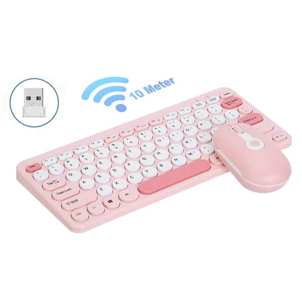 Vezeték nélküli billentyűzet és egér szett 2.4G ergonomikus, kompakt, halk számítógéphez és laptophoz - Pink