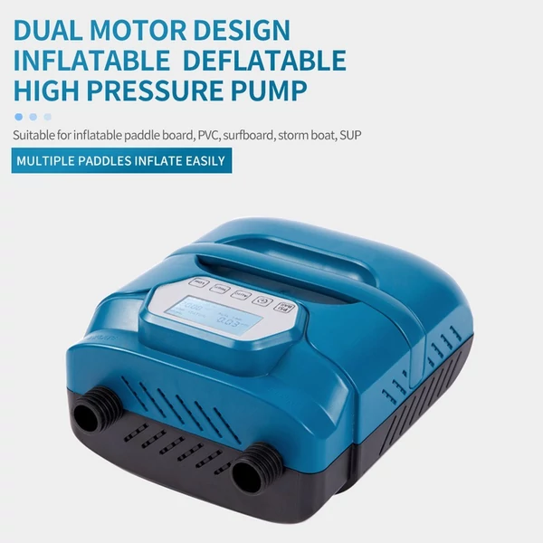 20 psi nagy nyomású SUP pumpa, kétmotoros, 150 W, 12 V DC, 7 fúvókával, hordozható, LED kijelzővel