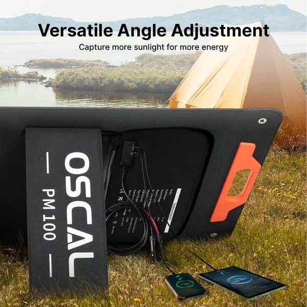 Oscal PM100 összecsukható napelem, 23%-os hatékonyság, monokristályos cellák, IP65, Type-C, QC3.0+USB kimenet, 5 az 1-ben kábel