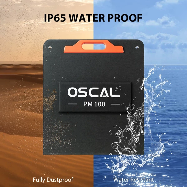 Oscal PM100 összecsukható napelem, 23%-os hatékonyság, monokristályos cellák, IP65, Type-C, QC3.0+USB kimenet, 5 az 1-ben kábel