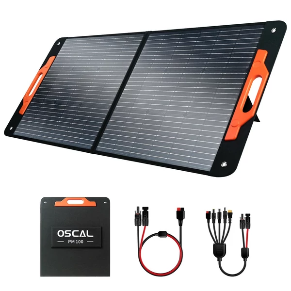 Oscal PM100 összecsukható napelem, 23%-os hatékonyság, monokristályos cellák, IP65, Type-C, QC3.0+USB kimenet, 5 az 1-ben kábel