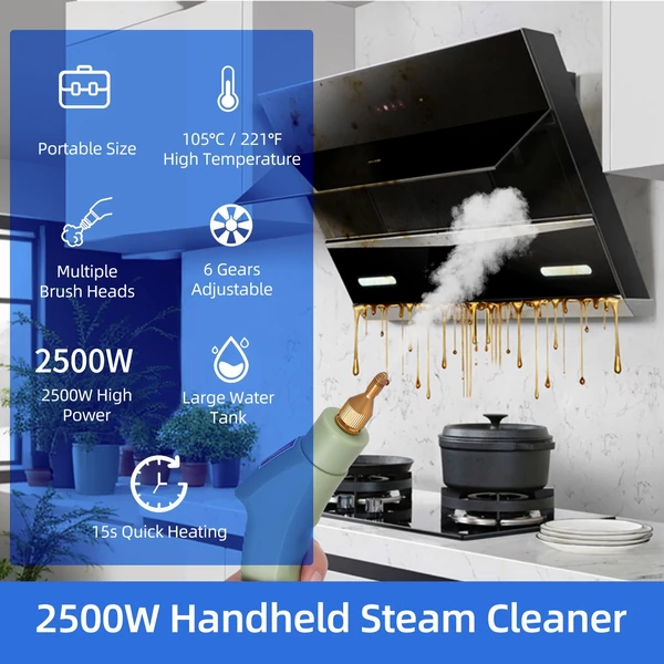 2500 W nagy nyomású gőztisztító, 1100 ml, 3 bar, hordozható, 3 kefefejjel, otthoni és autó tisztításhoz - Zöld