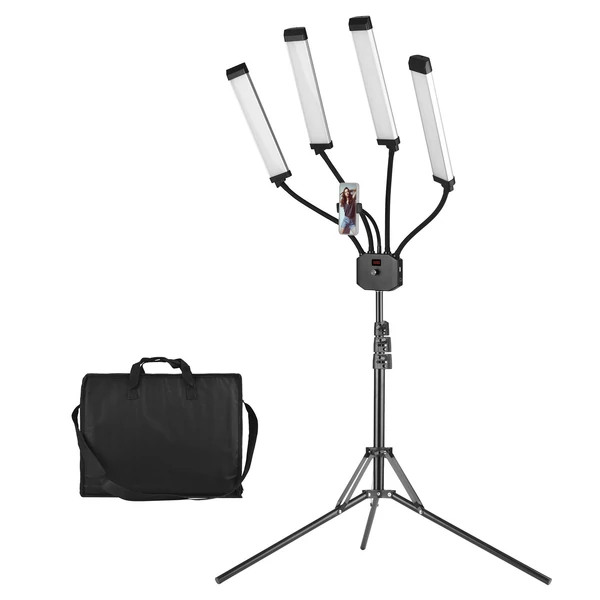 Rugalmas, 4 karos LED videólámpa, 3200K-5600K, állítható, telefontartóval, 2 m fém állvánnyal, hordtáskával