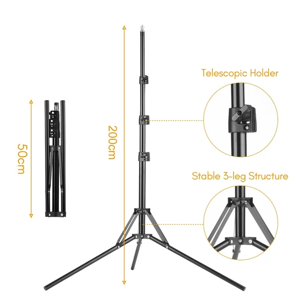 Rugalmas, 4 karos LED videólámpa, 3200K-5600K, állítható, telefontartóval, 2 m fém állvánnyal, hordtáskával