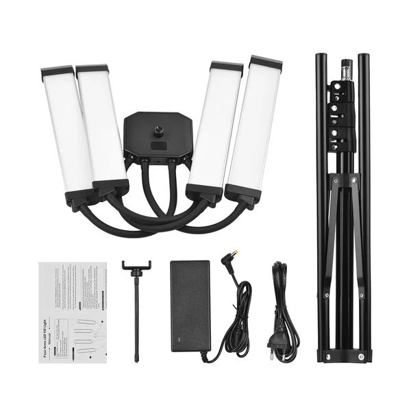Rugalmas, 4 karos LED videólámpa, 3200K-5600K, állítható, telefontartóval, 2 m fém állvánnyal, hordtáskával