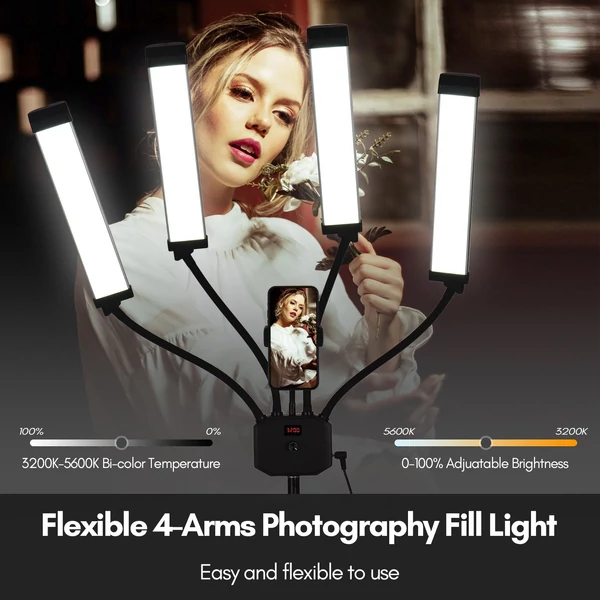 Rugalmas, 4 karos LED videólámpa, 3200K-5600K, állítható, telefontartóval, 2 m fém állvánnyal, hordtáskával