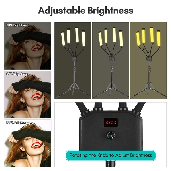 Rugalmas, 4 karos LED videólámpa, 3200K-5600K, állítható, telefontartóval, 2 m fém állvánnyal, hordtáskával