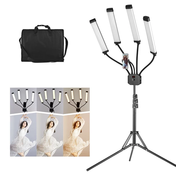 Rugalmas, 4 karos LED videólámpa, 3200K-5600K, állítható, telefontartóval, 2 m fém állvánnyal, hordtáskával