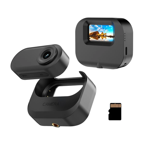 1080p mini sportkamera, 1,47 hüvelykes IPS kijelzővel, 130°-os nagylátószögű lencsével, töltőtokkal, 32 GB TF kártyával vloghoz - Fekete