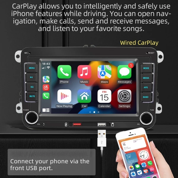 7 colos autórádió mp5 lejátszó érintőképernyővel, BT, AM/FM, android auto, carplay, kihangosítás, usb, tolatókamera