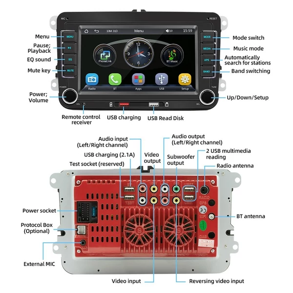 7 colos autórádió mp5 lejátszó érintőképernyővel, BT, AM/FM, android auto, carplay, kihangosítás, usb, tolatókamera