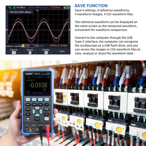 OWON kézi oszcilloszkóp multiméter, 2 csatornás, 40 MHz, 20000 kijelzés, 2 az 1-ben digitális műszer, 3,5" színes LCD, autókarbantartáshoz