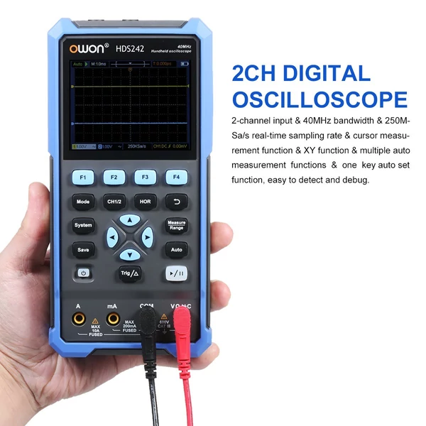 OWON kézi oszcilloszkóp multiméter, 2 csatornás, 40 MHz, 20000 kijelzés, 2 az 1-ben digitális műszer, 3,5" színes LCD, autókarbantartáshoz
