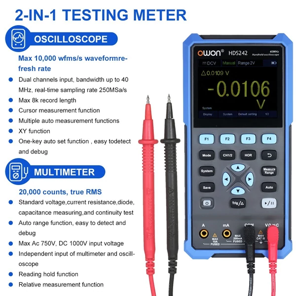 OWON kézi oszcilloszkóp multiméter, 2 csatornás, 40 MHz, 20000 kijelzés, 2 az 1-ben digitális műszer, 3,5" színes LCD, autókarbantartáshoz