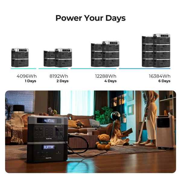 Oukitel B20000E hordozható erőmű 2048Wh LiFePO4 akkumulátorral, 2200W tiszta szinuszos AC kimenet, bővíthető, kültéri használatra - 2 db