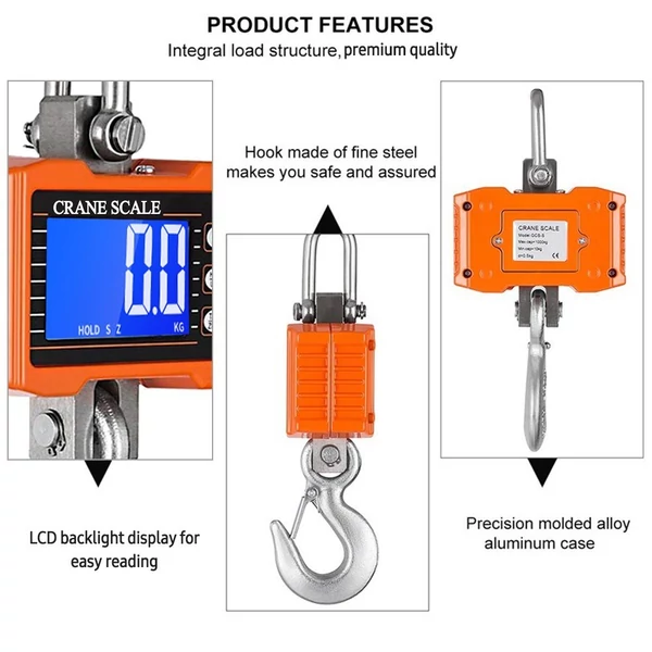 Digitális függőmérleg 1000 kg/2204 lb hordozható darumérleg LCD háttérvilágítással, ipari kampós mérleg építkezéshez, utazáshoz, piacra, horgászathoz - Narancs