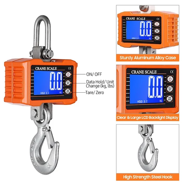 Digitális függőmérleg 1000 kg/2204 lb hordozható darumérleg LCD háttérvilágítással, ipari kampós mérleg építkezéshez, utazáshoz, piacra, horgászathoz - Narancs