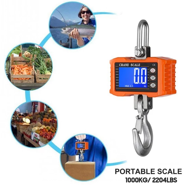 Digitális függőmérleg 1000 kg/2204 lb hordozható darumérleg LCD háttérvilágítással, ipari kampós mérleg építkezéshez, utazáshoz, piacra, horgászathoz - Narancs