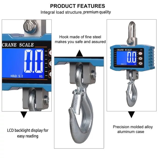 Digitális függőmérleg 1000 kg/2204 lb hordozható darumérleg LCD háttérvilágítással, ipari kampós mérleg építkezéshez, utazáshoz, piacra, horgászathoz - Kék