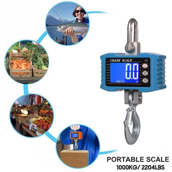Digitális függőmérleg 1000 kg/2204 lb hordozható darumérleg LCD háttérvilágítással, ipari kampós mérleg építkezéshez, utazáshoz, piacra, horgászathoz - Kék