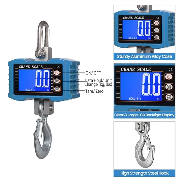 Digitális függőmérleg 1000 kg/2204 lb hordozható darumérleg LCD háttérvilágítással, ipari kampós mérleg építkezéshez, utazáshoz, piacra, horgászathoz - Kék