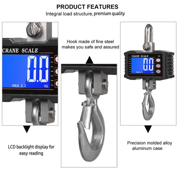 Digitális függőmérleg 1000 kg/2204 lb hordozható darumérleg LCD háttérvilágítással, ipari kampós mérleg építkezéshez, utazáshoz, piacra, horgászathoz - Fekete