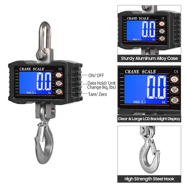 Digitális függőmérleg 1000 kg/2204 lb hordozható darumérleg LCD háttérvilágítással, ipari kampós mérleg építkezéshez, utazáshoz, piacra, horgászathoz - Fekete