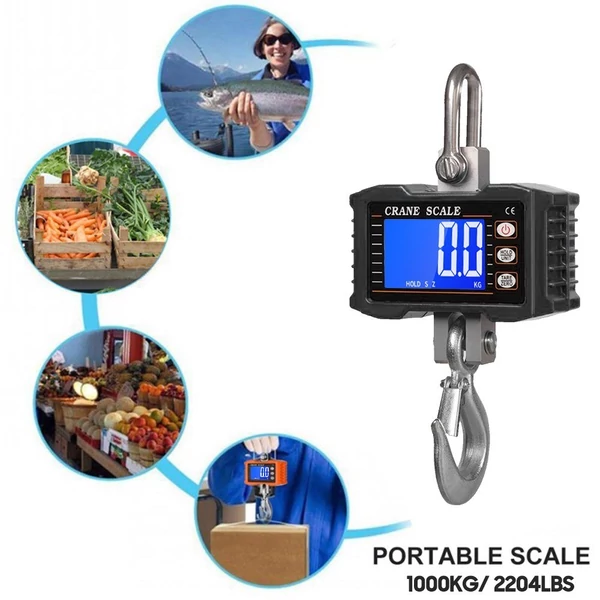 Digitális függőmérleg 1000 kg/2204 lb hordozható darumérleg LCD háttérvilágítással, ipari kampós mérleg építkezéshez, utazáshoz, piacra, horgászathoz - Fekete