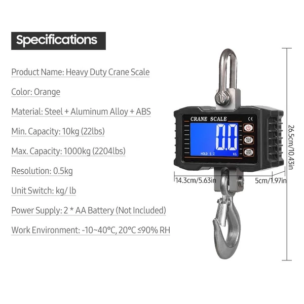 Digitális függőmérleg 1000 kg/2204 lb hordozható darumérleg LCD háttérvilágítással, ipari kampós mérleg építkezéshez, utazáshoz, piacra, horgászathoz - Fekete