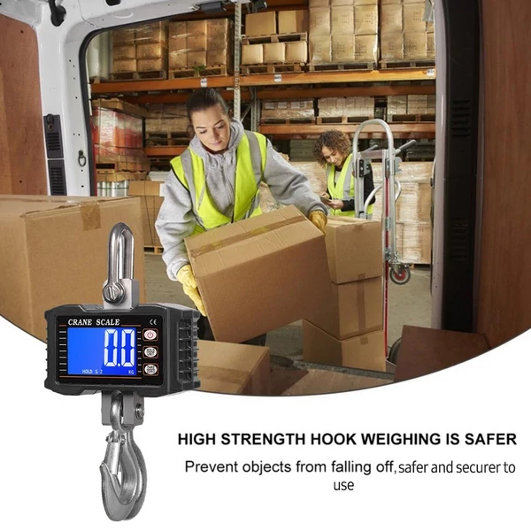 Digitális függőmérleg 1000 kg/2204 lb hordozható darumérleg LCD háttérvilágítással, ipari kampós mérleg építkezéshez, utazáshoz, piacra, horgászathoz - Fekete