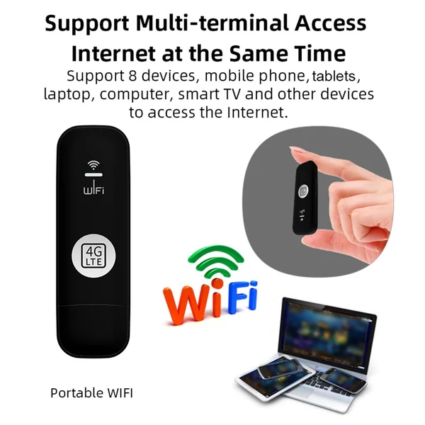 Hordozható 4G USB wifi router, 8 eszköz támogatás, LTE, nagy sebességű vezeték nélküli hotspot utazáshoz - Fekete