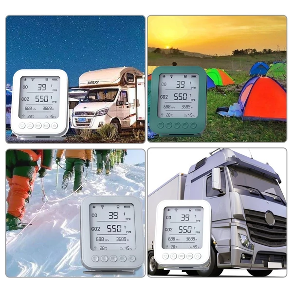 6 az 1-ben levegőminőség-mérő, 5" LCD kijelző, BT, Tuya app, CO2-érzékelő, 128 MB SD kártya, Type-C töltés, valós idejű monitorozás agráriumhoz - Fehér