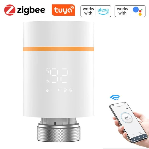Okos termosztatikus radiátorszelep LED kijelzővel, programozható termosztát, mobilapp/hangvezérlés - Fehér-narancs