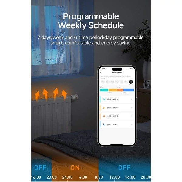 Okos termosztatikus radiátorszelep LED kijelzővel, programozható termosztát, mobilapp/hangvezérlés - Fehér-narancs