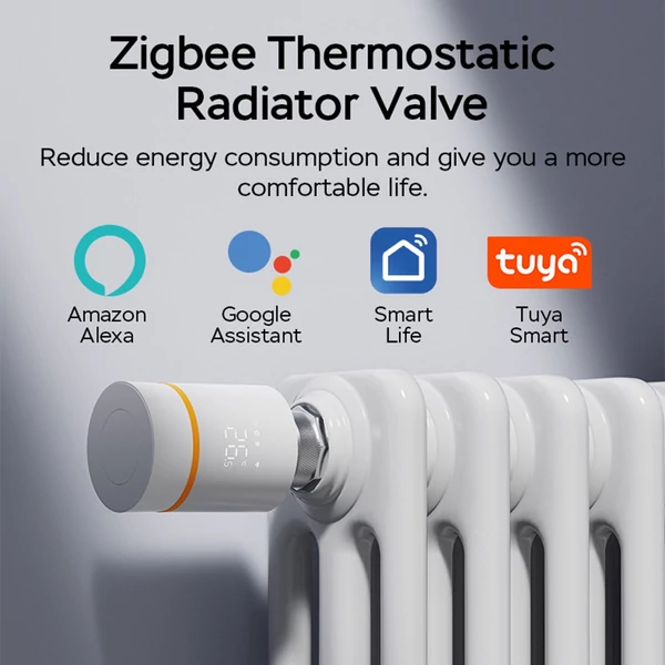 Okos termosztatikus radiátorszelep LED kijelzővel, programozható termosztát, mobilapp/hangvezérlés - Fehér-narancs