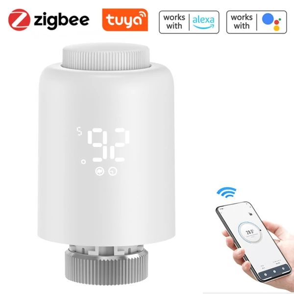 Okos termosztatikus radiátorszelep LED kijelzővel, programozható termosztát, mobilapp/hangvezérlés - Fehér