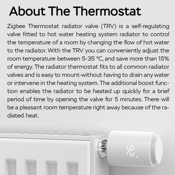 Okos termosztatikus radiátorszelep LED kijelzővel, programozható termosztát, mobilapp/hangvezérlés - Fehér