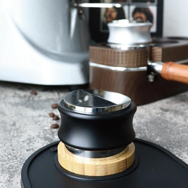 2 az 1-ben kávéadagoló és tömörítő, élelmiszeripari rozsdamentes acél, állítható magasságú espresso szintező ergonomikus nyéllel - Ezüst, 53,3mm