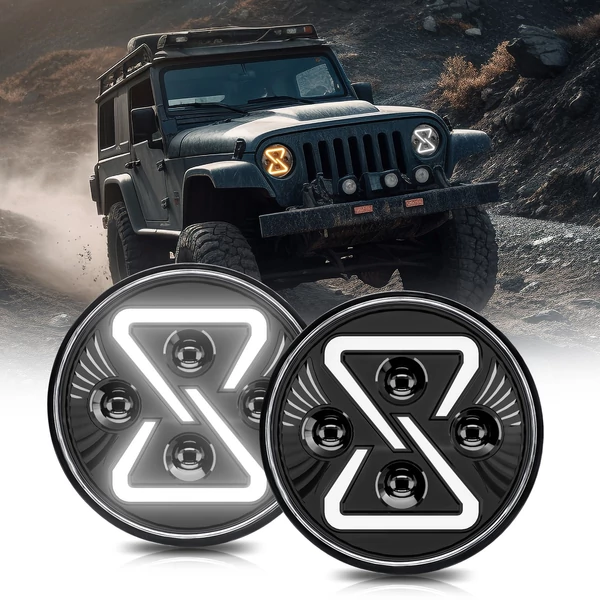 7 hüvelykes vízálló, kerek autólámpa, tompított és távolsági fénnyel, DRL irányjelzővel Jeep Wranglerhez - 1 db