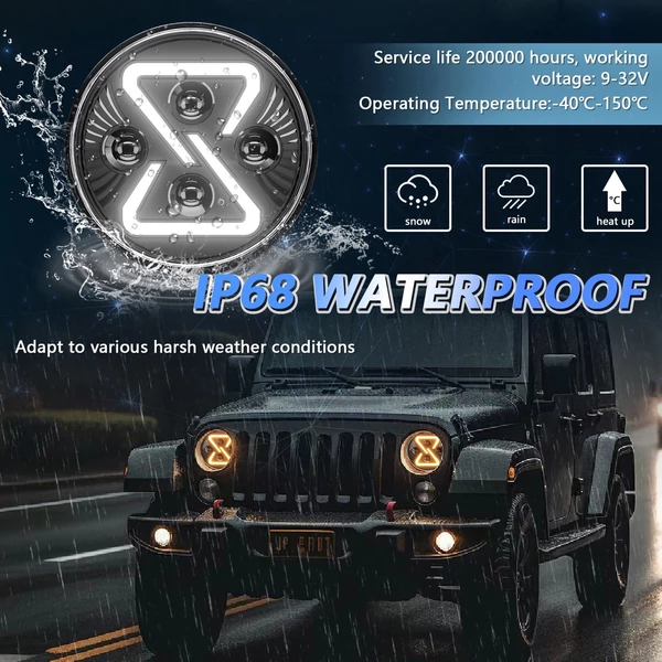 7 hüvelykes vízálló, kerek autólámpa, tompított és távolsági fénnyel, DRL irányjelzővel Jeep Wranglerhez - 1 db