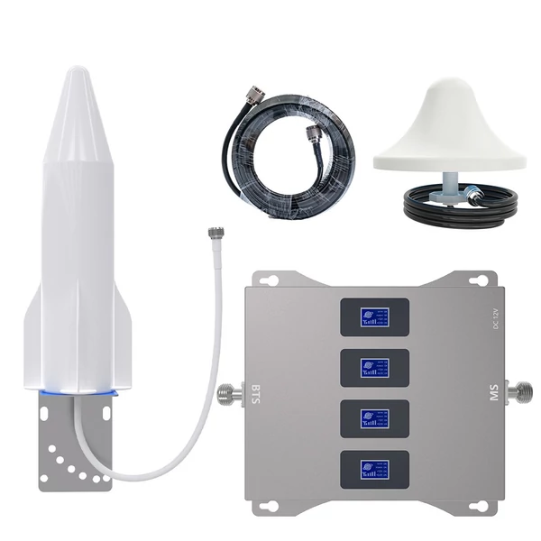 4 sávos mobiltelefon jel erősítő (800/900/1800/2100 MHz GSM DCS 2G/3G/4G/LTE ismétlő) bel- és kültéri használatra, 1000㎡ lefedettség, 75 dB erősítés - C szett