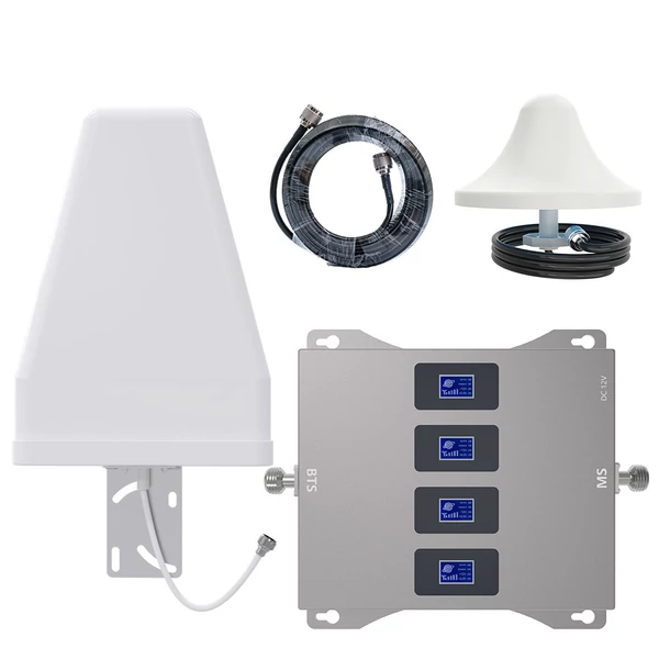 4 sávos mobiltelefon jel erősítő (800/900/1800/2100 MHz GSM DCS 2G/3G/4G/LTE ismétlő) bel- és kültéri használatra, 1000㎡ lefedettség, 75 dB erősítés - A szett