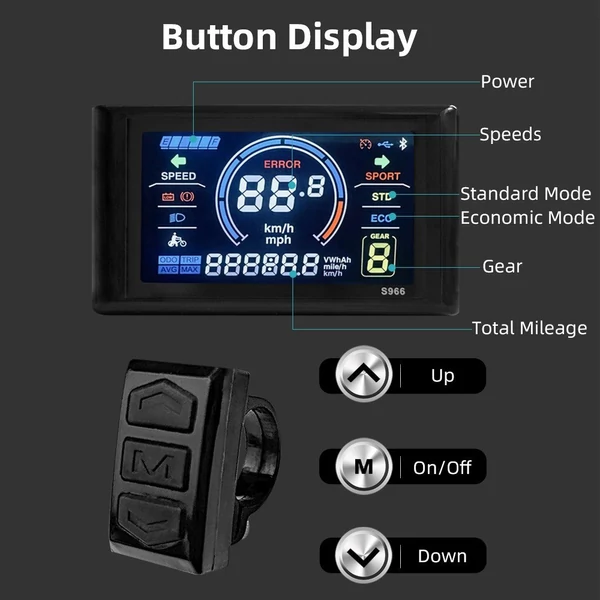 24-72V-os e-bike LCD kijelző, 5 tűs LCD-S966 okos színes, vízálló vezérlőpanel No. 2 protokollhoz - Fekete
