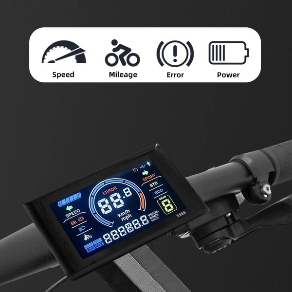 24-72V-os e-bike LCD kijelző, 5 tűs LCD-S966 okos színes, vízálló vezérlőpanel No. 2 protokollhoz - Fekete