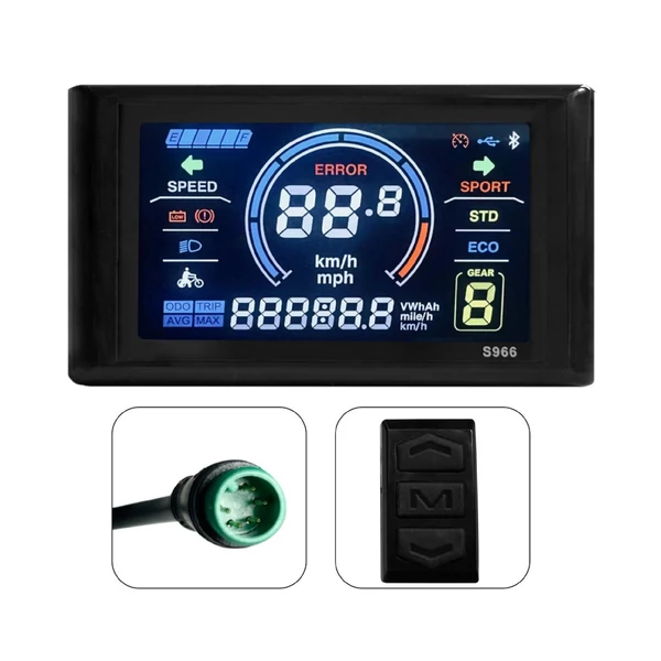 24-72V-os e-bike LCD kijelző, 5 tűs LCD-S966 okos színes, vízálló vezérlőpanel No. 2 protokollhoz - Fekete