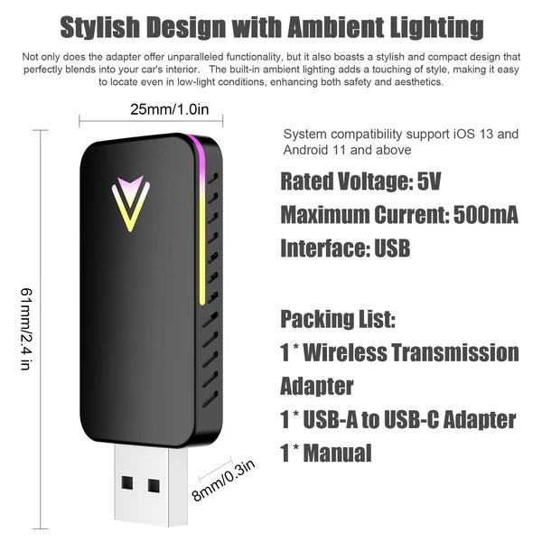 Vezeték nélküli átalakító 2 az 1-ben autós vezetékesről vezeték nélküli modul USB-A/USB-C, hangulatvilágítással