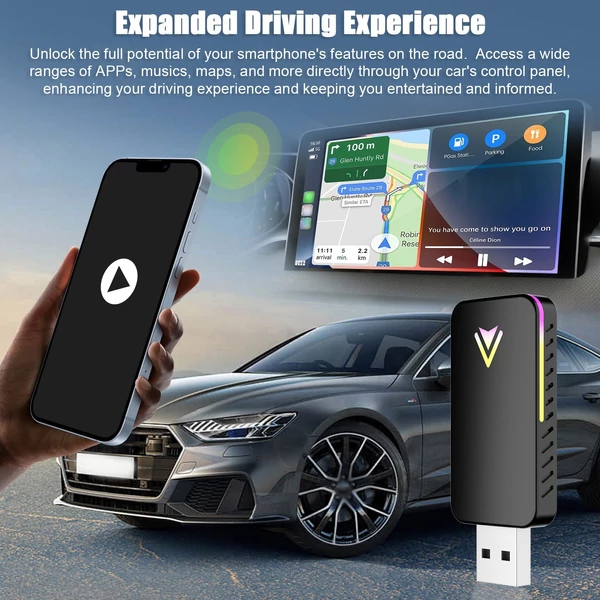 Vezeték nélküli átalakító 2 az 1-ben autós vezetékesről vezeték nélküli modul USB-A/USB-C, hangulatvilágítással