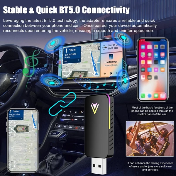Vezeték nélküli átalakító 2 az 1-ben autós vezetékesről vezeték nélküli modul USB-A/USB-C, hangulatvilágítással