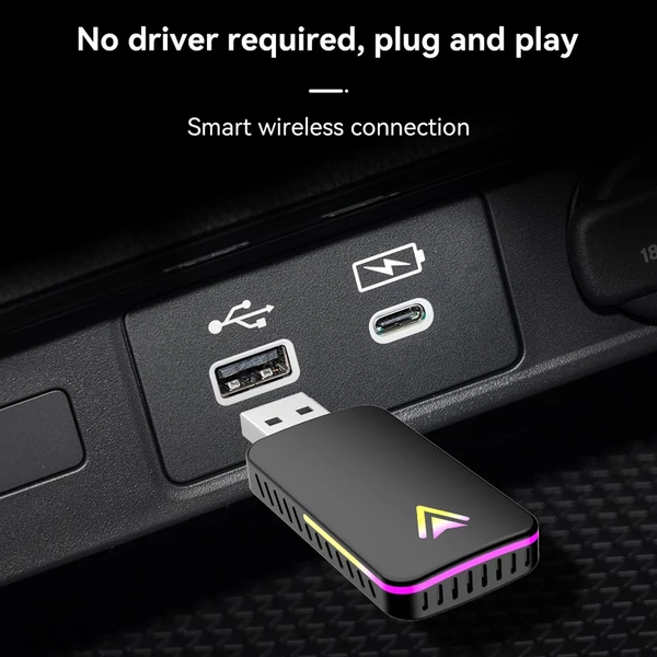 Vezeték nélküli átalakító 2 az 1-ben autós vezetékesről vezeték nélküli modul USB-A/USB-C, hangulatvilágítással